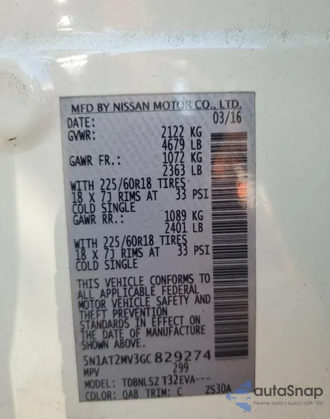 2016 Nissan Rogue S z USA, uszkodzony, nr VIN 5N1AT2MV3GC829274